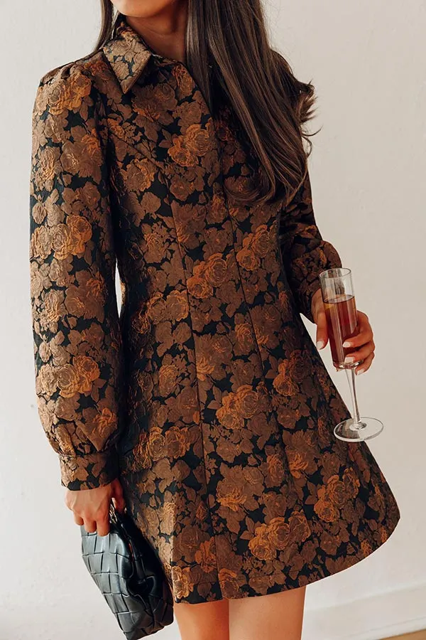 Embroidered Floral Collared Long Sleeve Fitted Mini Dress