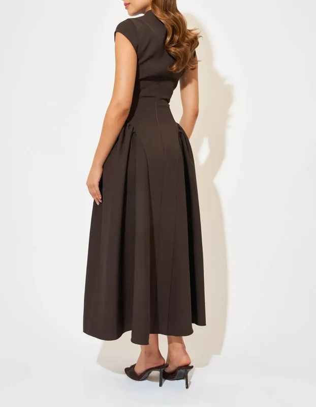 Dark Brown Cap-Sleeve Gathered Detail Midi Dress