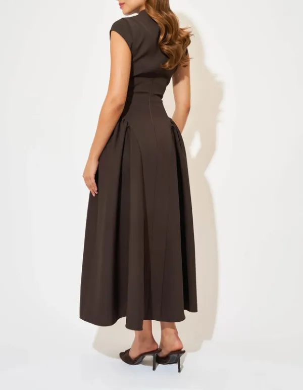 Dark Brown Cap-Sleeve Gathered Detail Midi Dress