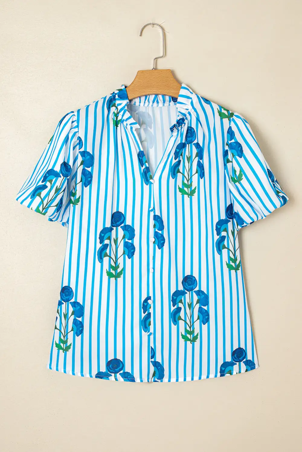Striped Floral Notched Neck Blouse