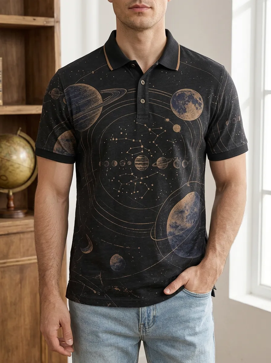 Men's Astronomy Lover Solar System Printed Polo Shirt Everyday Casual Style