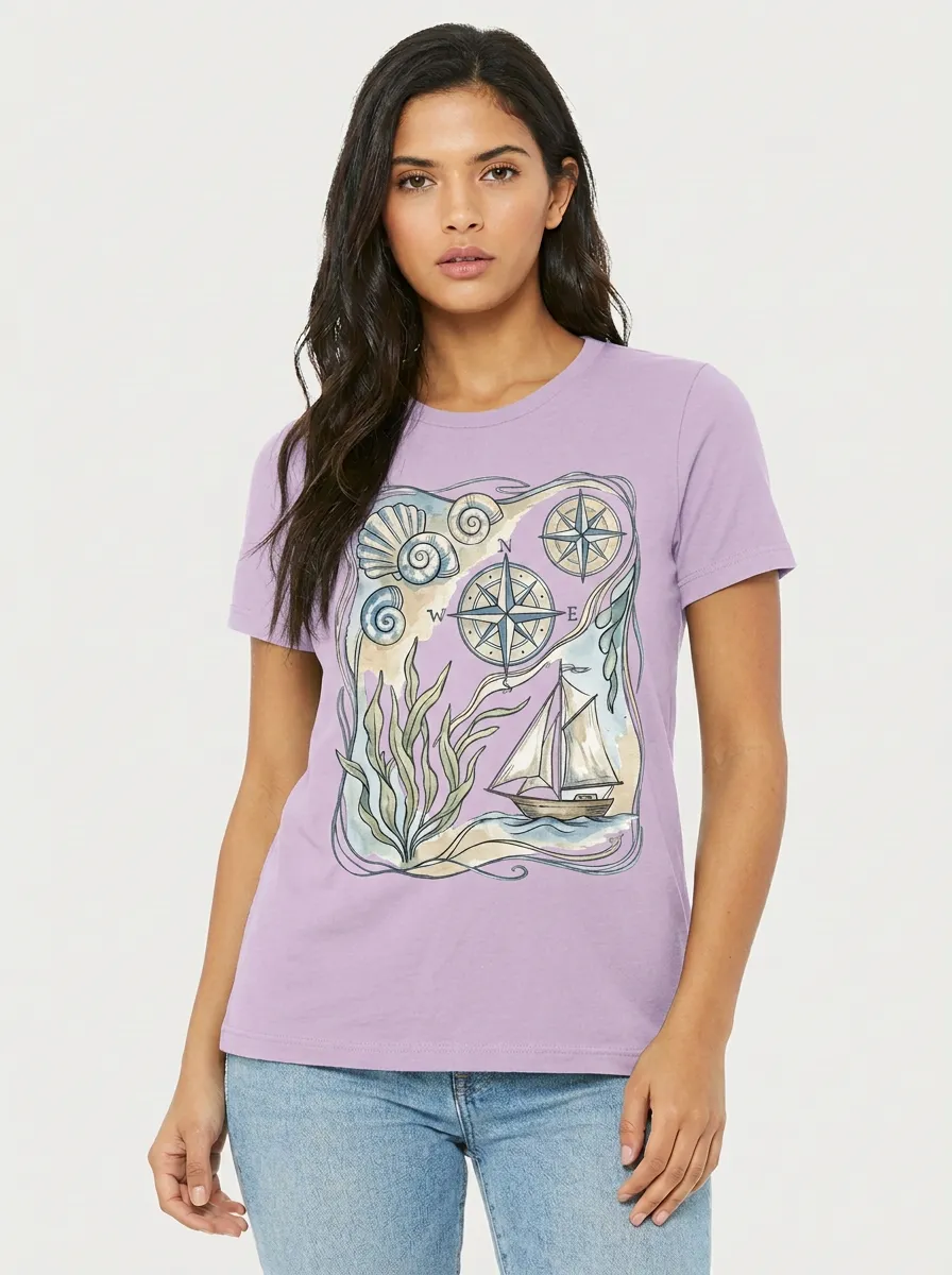 Women's Nautical Sailing Lover Compass Shell Graphic T-Shirt