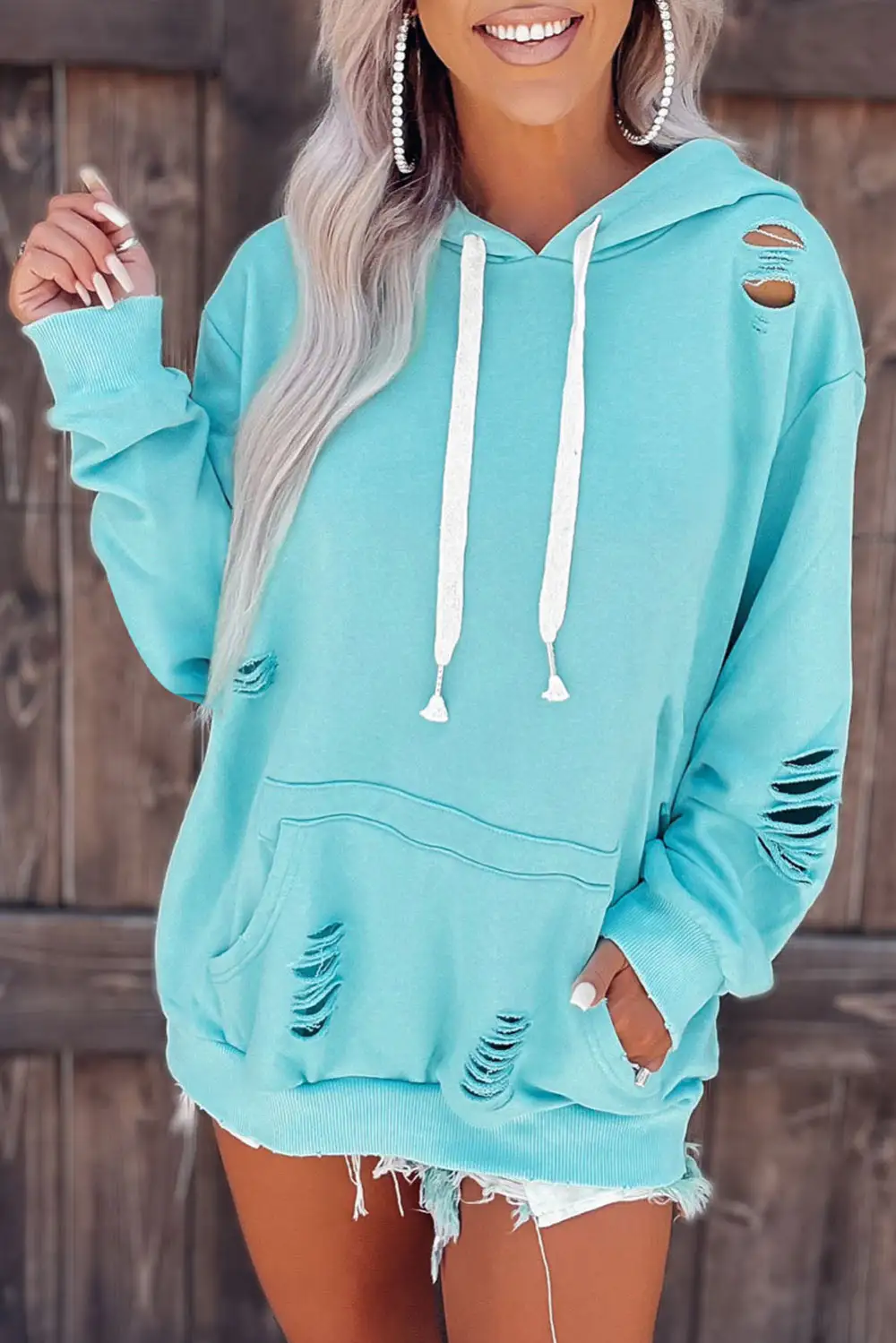 Shabby Distressed Drawstring Hoodie