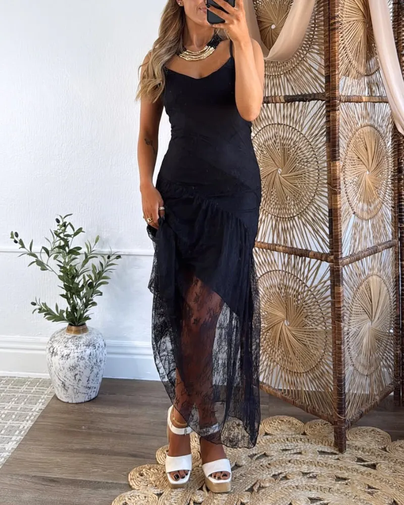Ruffled Lace Trim Maxi Dress