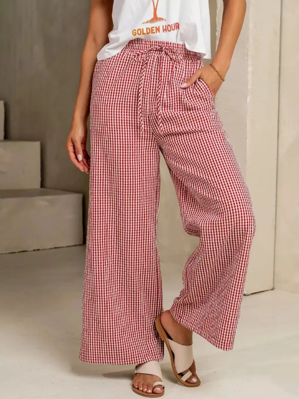 Wide Leg Gingham Drawstring Pocketed Pants