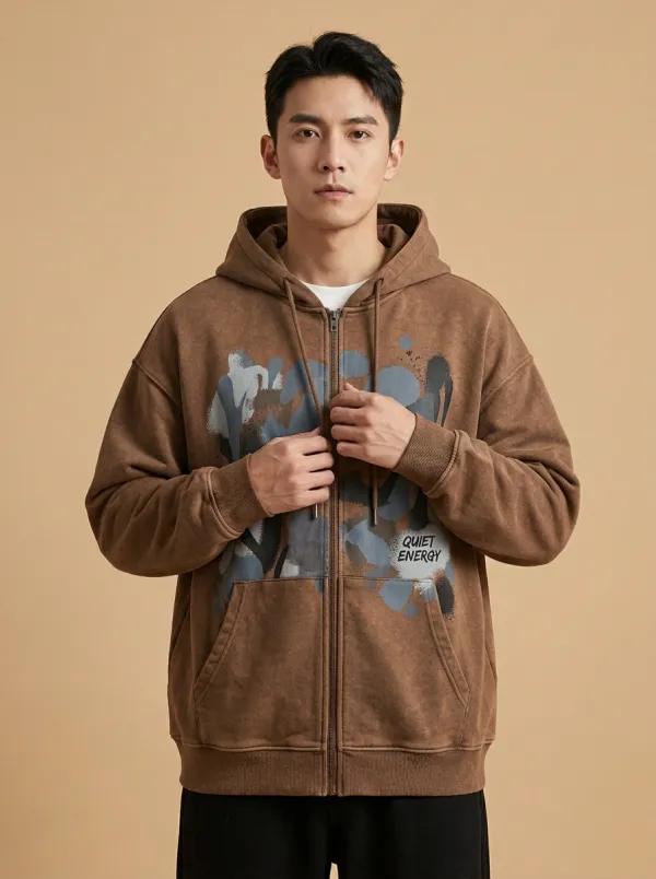 Men's Streetwear Graffiti Printed Zip-Up Hoodie