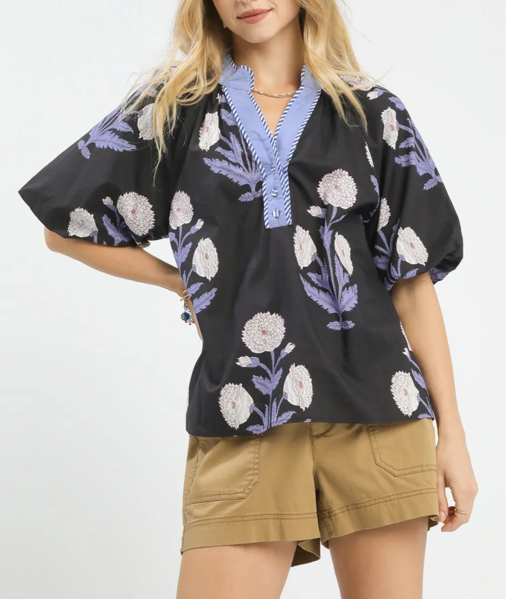 Stem Floral Print Stripe Trim V-Neck Short Puff Sleeve Top