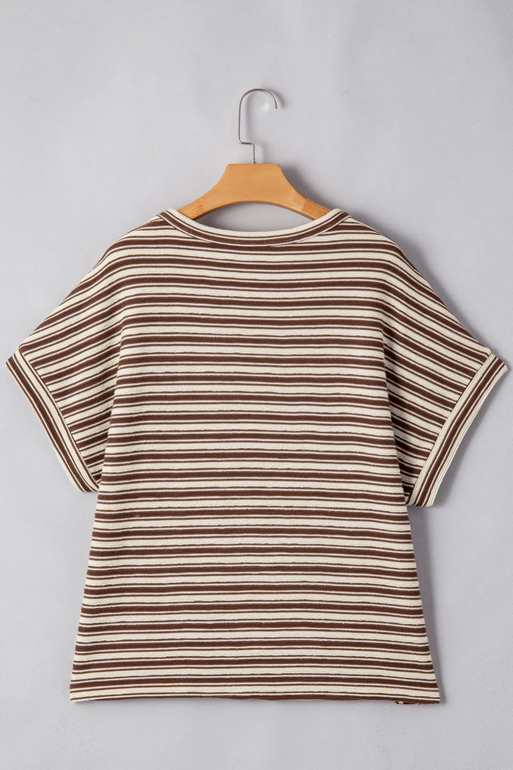 Brown Stripe Textured Side Slits Tee