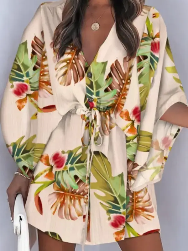Original Relaxed Floral Printed Tied Buttoned Mini Shirt Dress
