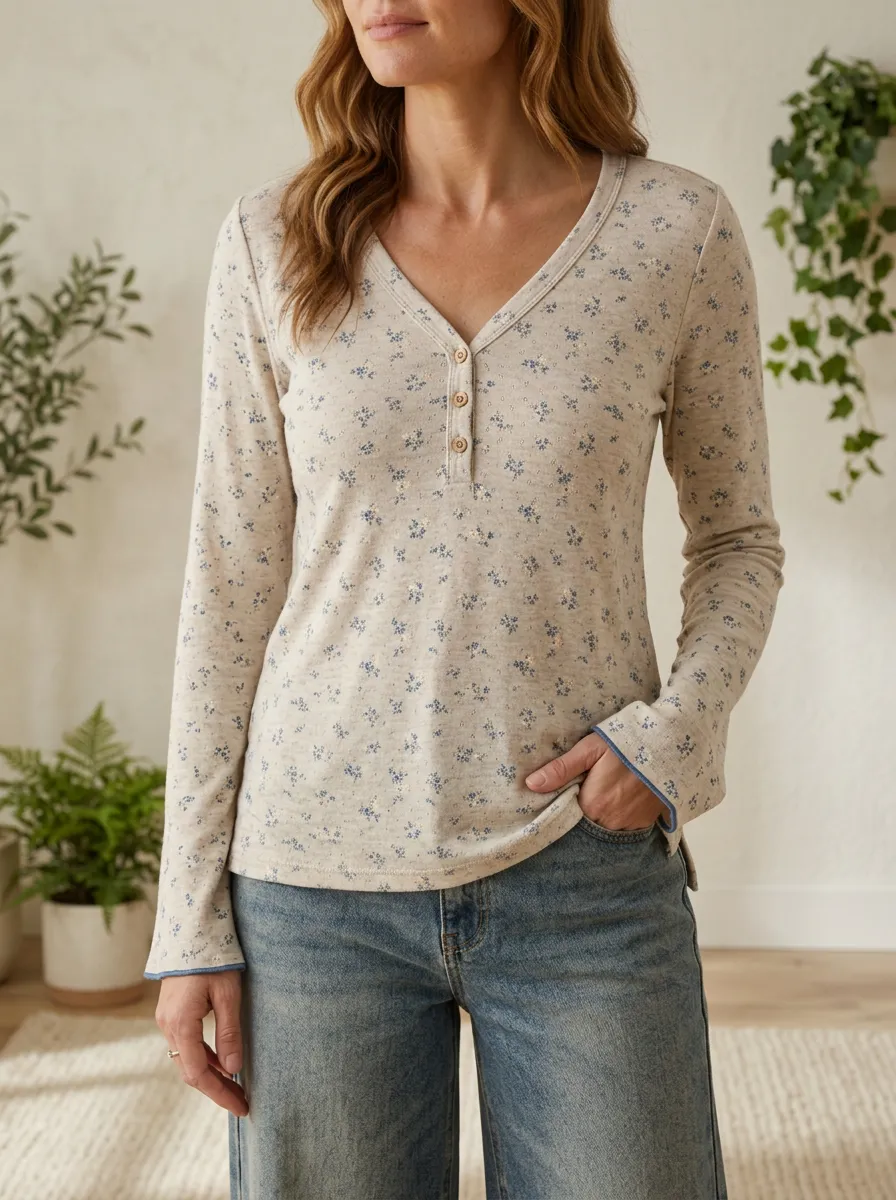 Women's Floral Pattern Beige Printed Henley Long Sleeve Top