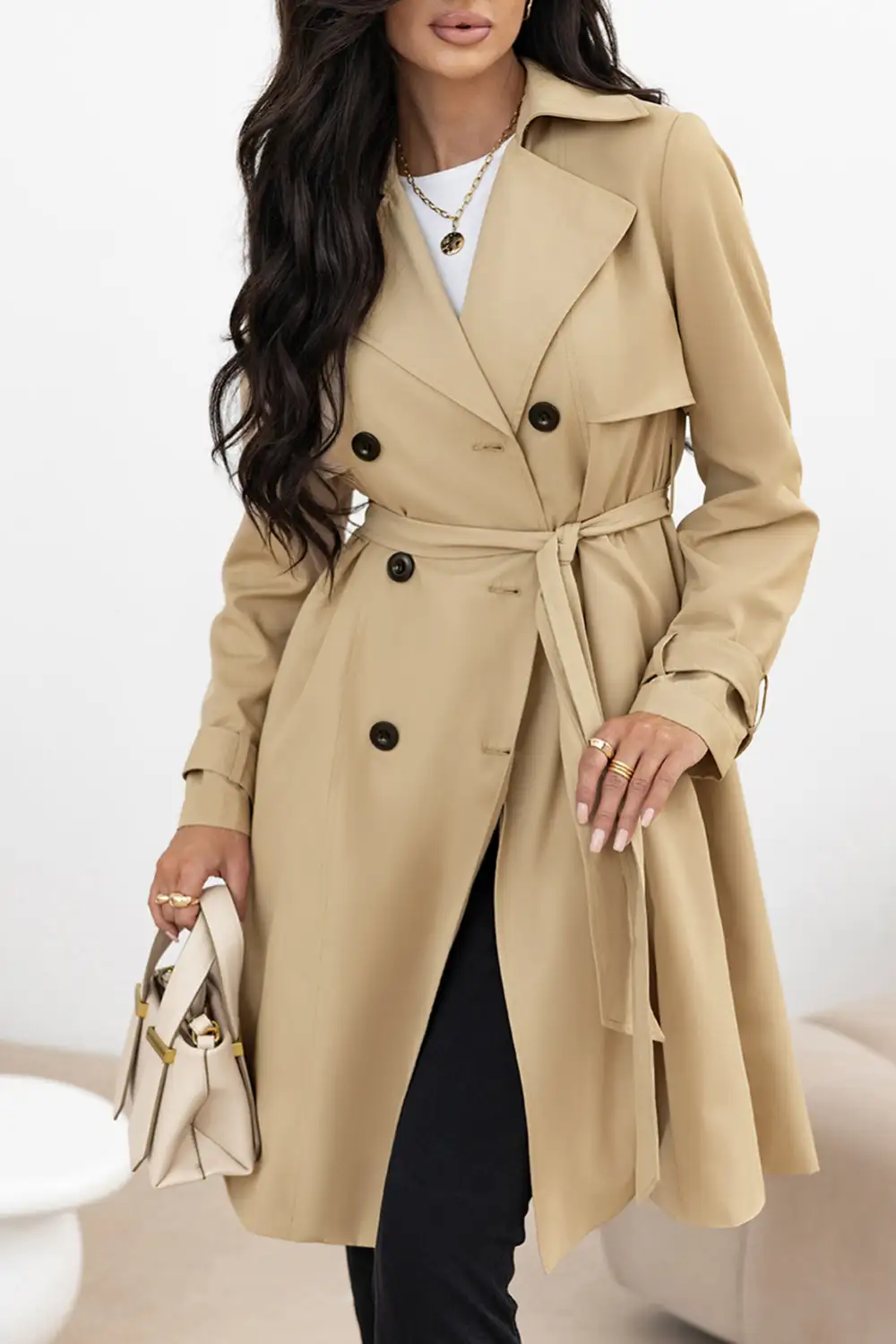 Women's Solid Lapel Collar Waist Tie Wind Coat