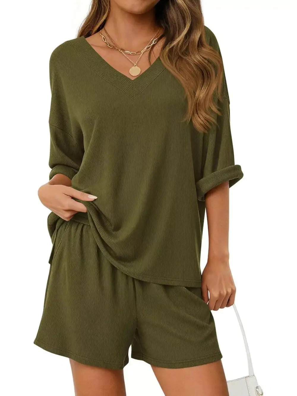 Casual Solid Color V Neck Top and Shorts Set