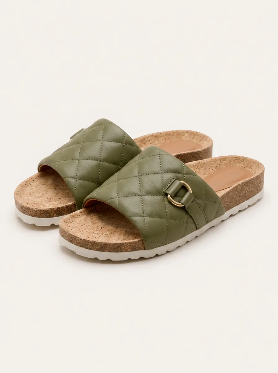 Everyday S Olive Quilted Buckle Cork Footbed Sandals