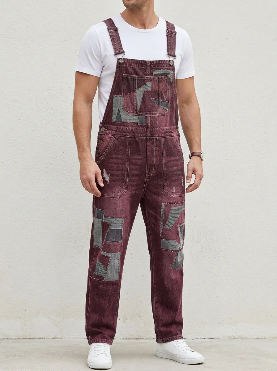 Patchwork Denim Distressed Detail Overalls