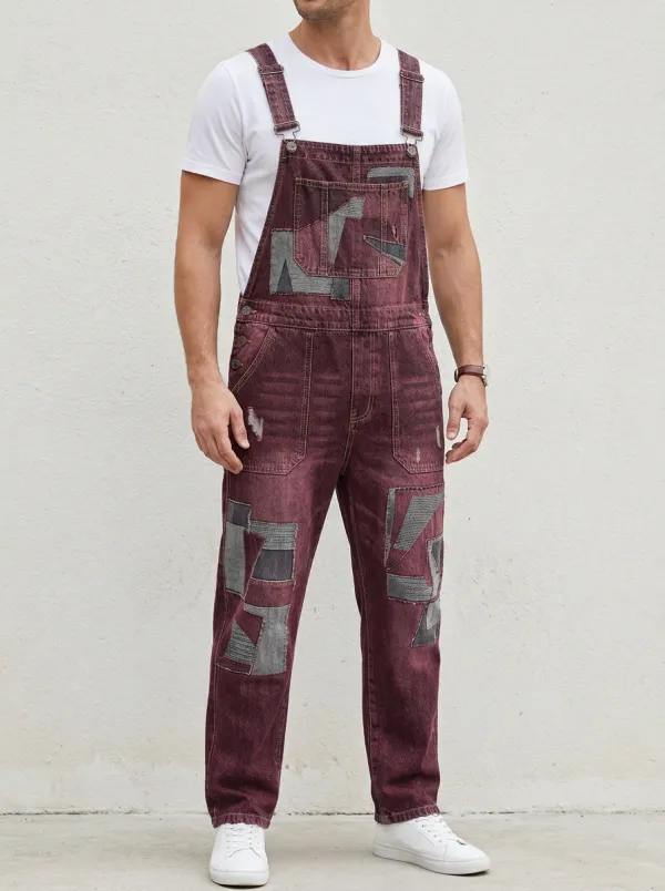 Patchwork Denim Distressed Detail Overalls