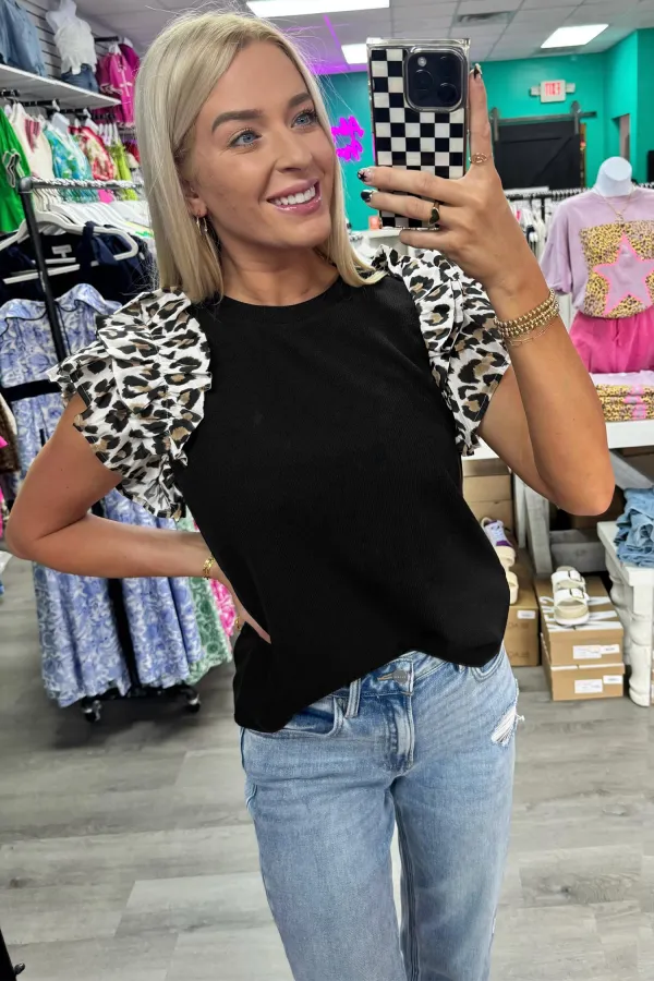 Black Contrast Leopard Ruffled Short Sleeve Top