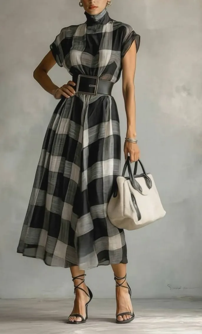 Checked Pattern Stand Collar Maxi Dress