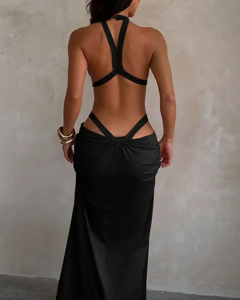 Goddess Halter Cutout Draped Maxi Dress