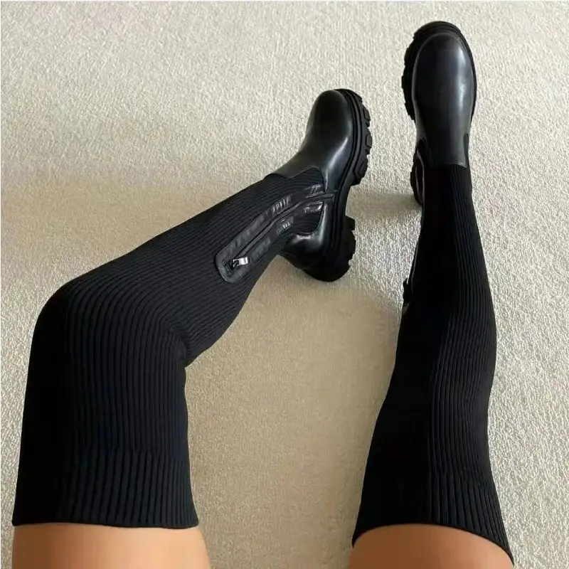 Mesh Round-Toe Square-Heel Knee-High Boots