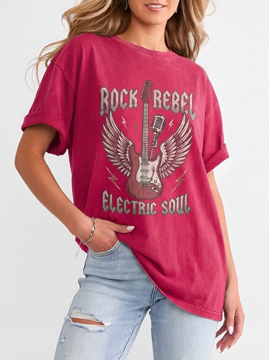 Women's Rock Music Lover Winged Guitar Microphone Printed T-shirt