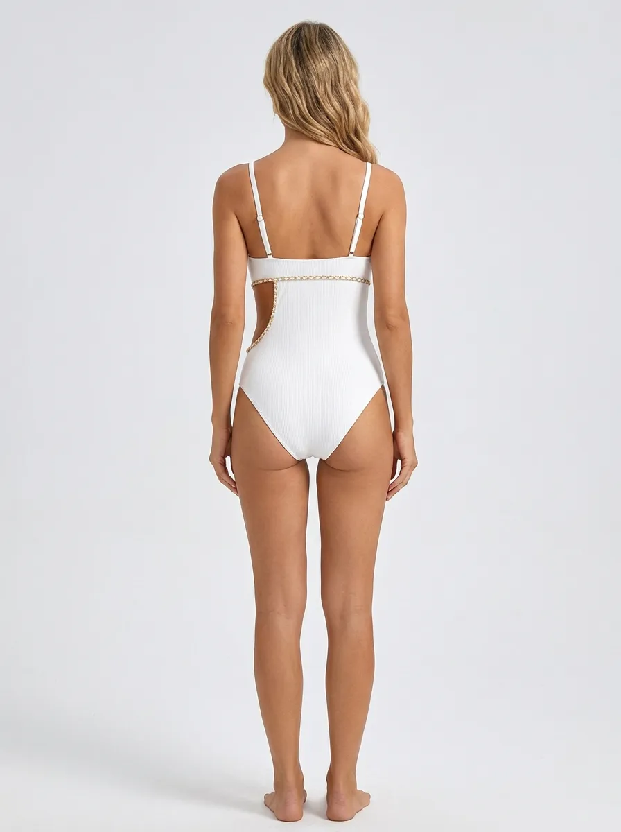 Women's Chain-Detail Cutout Ribbed One-Piece Swimsuit