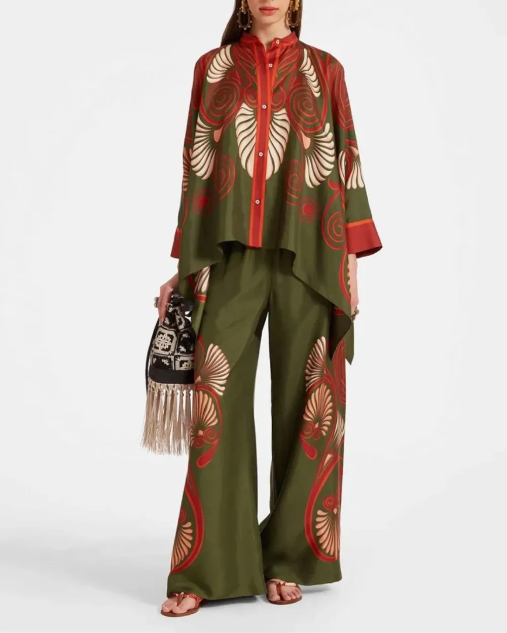 Peacock Wing Print Twill Blouse Set