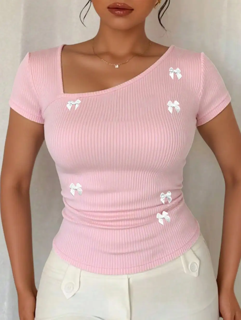 Bow Asymmetric Shoulder Slim Fit Tee