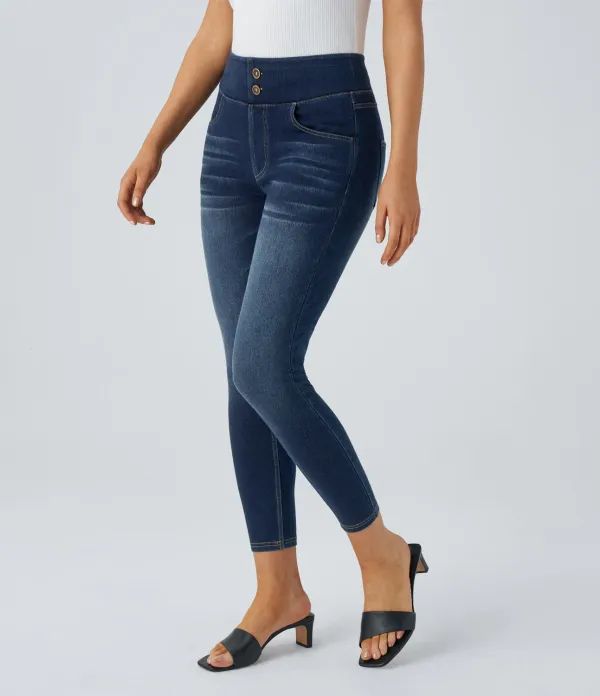 Magic Curvy High Waisted Decorative Button Multiple Pockets Washed Stretchy Knit Casual 7/8 Jeans