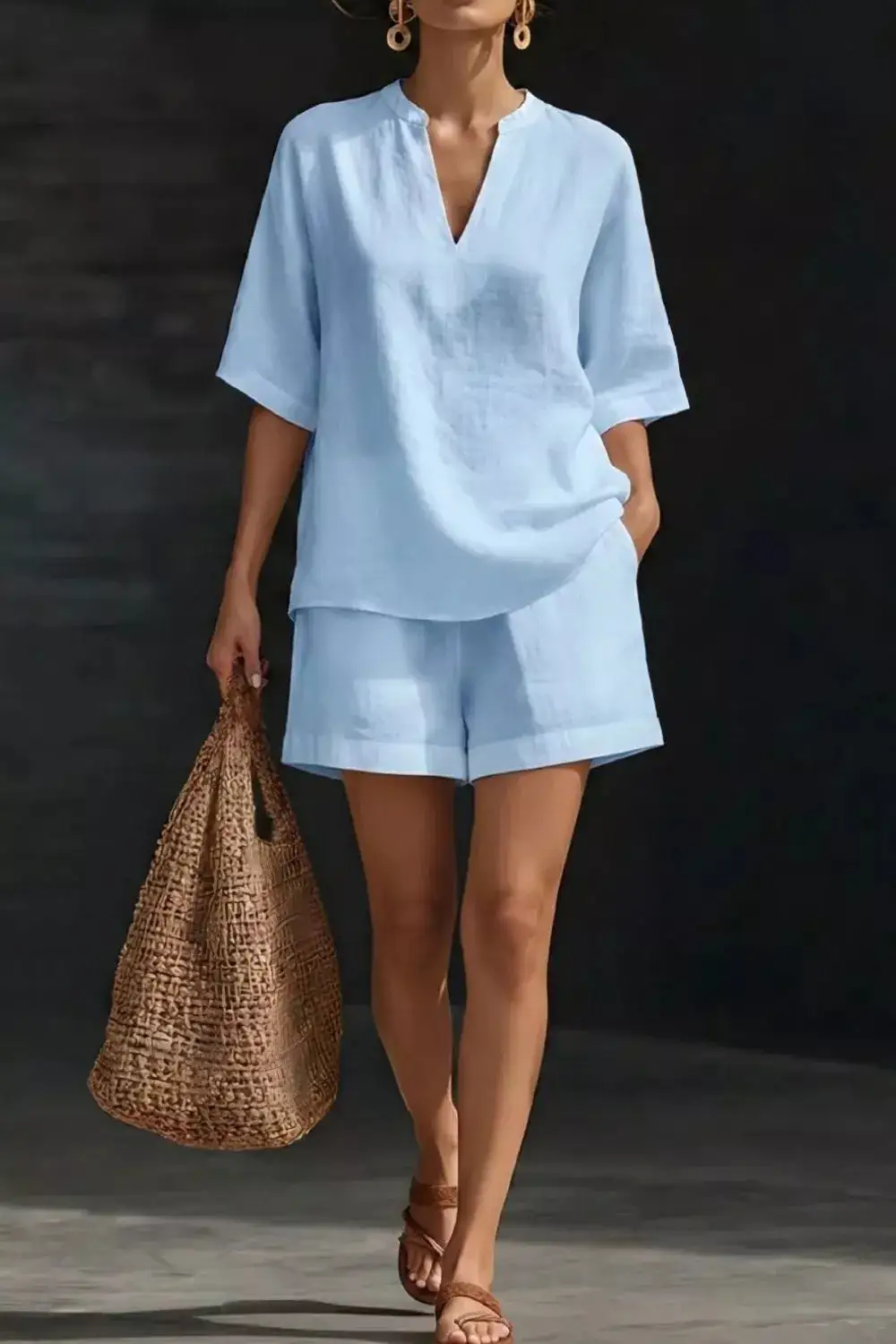 Relaxed Notched Half Sleeve Top and Shorts Set