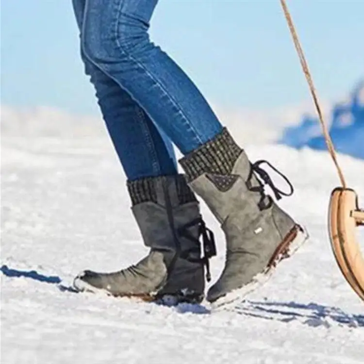 Mid-Calf Sweater Cuff Snow Boots Flat Back Lace Boots With Zipper