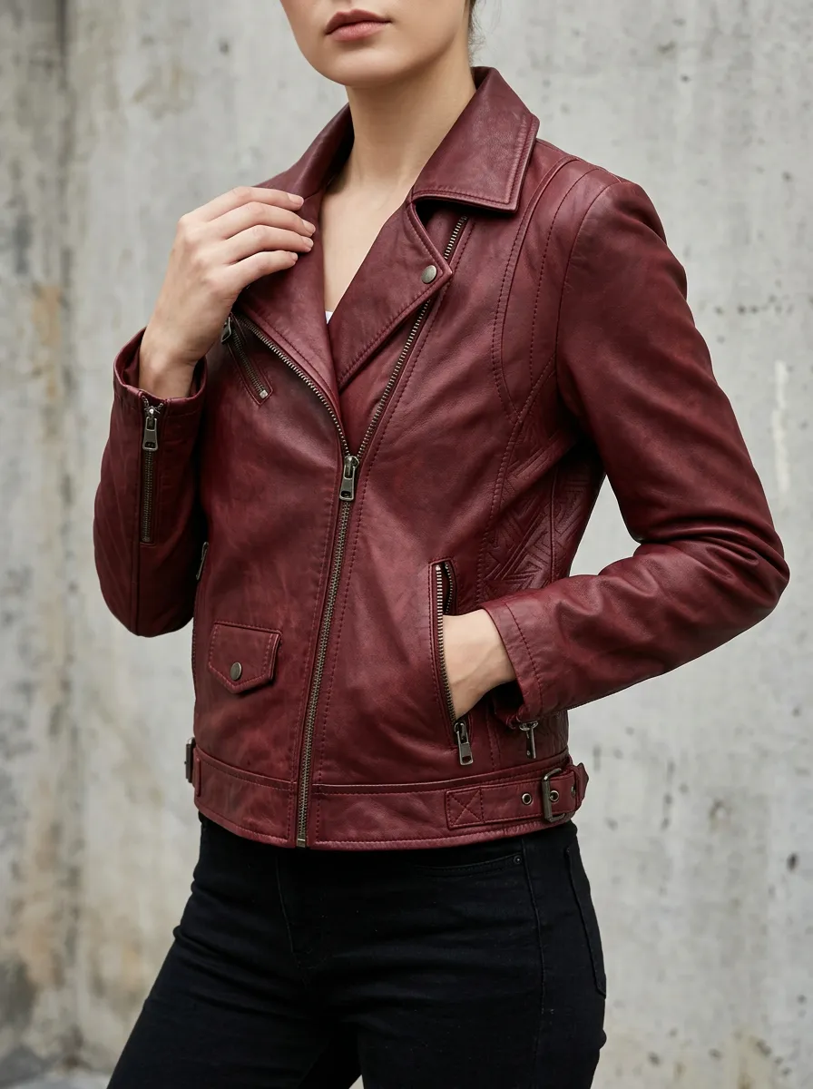 Women's Burgundy Faux Leather Biker Zipper Jacket with an Asymmetric Zip