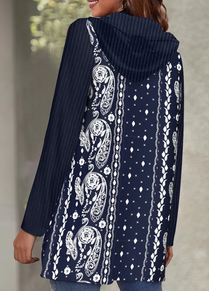 Navy Pocket Paisley Print Long Sleeve Hooded Coat
