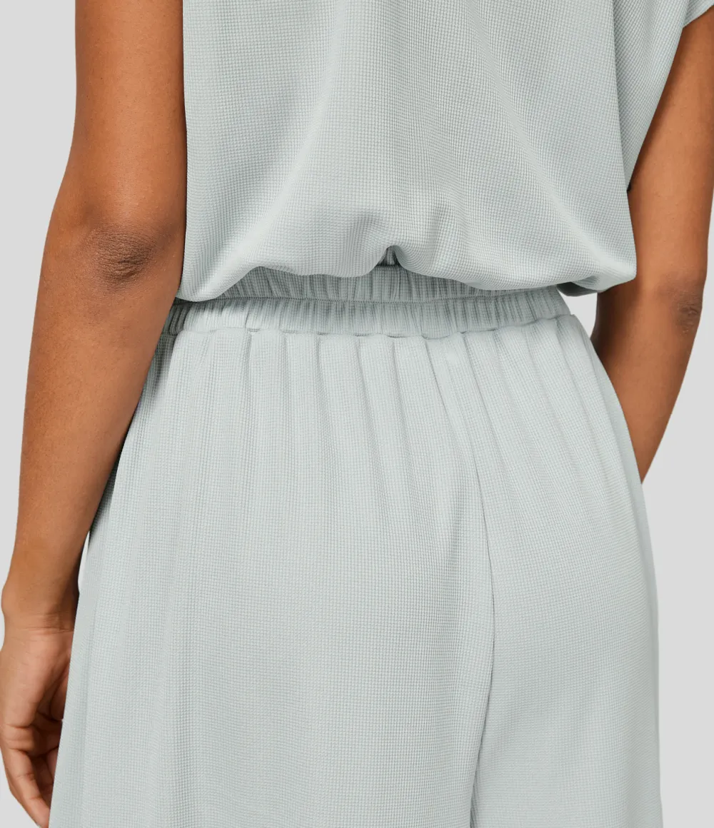V Neck Short Sleeve Plicated Side Pocket Wide Leg Flowy Waffle Casual Jumpsuit