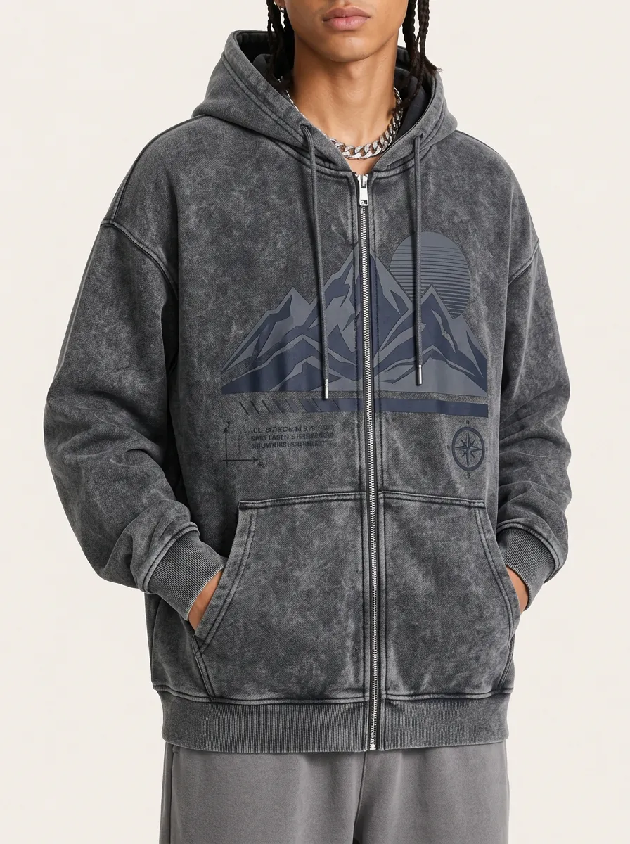 Men's Mountain Landscape Compass Printed Zip-up Hoodie