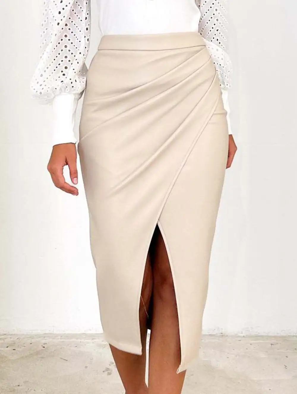 Leather Look Pleated Zipper Midi Skirt