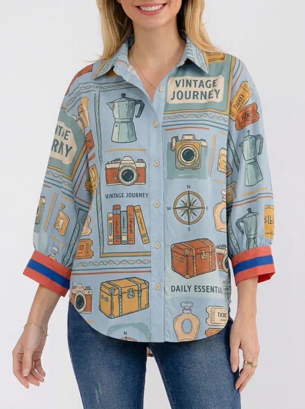 Women's Travel Lover Vintage Journey Camera Compass Printed Shirt