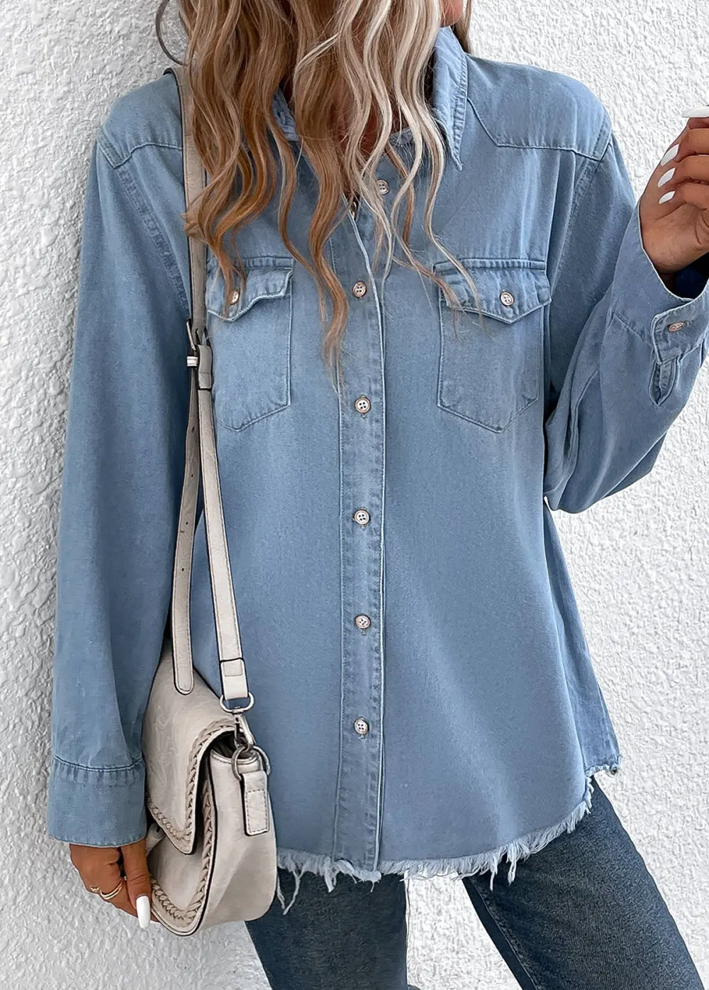 Denim Blue Pocket Long Sleeve Shirt Collar Coat