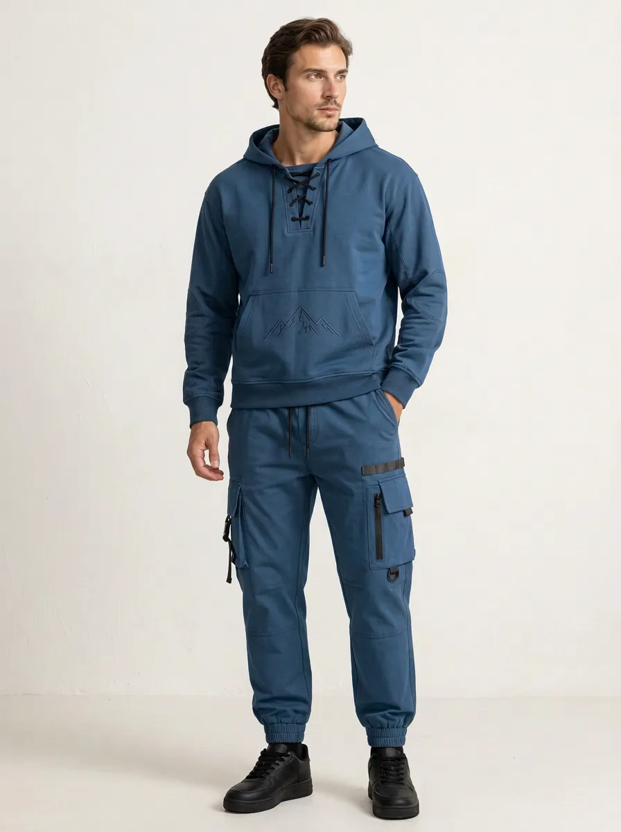 Urban Lace-Up Mountain Graphic Fit Men's Lace Up Hoodie And Cargo Jogger Set
