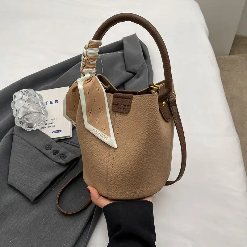Compact Faux Leather Textured Bucket Bag