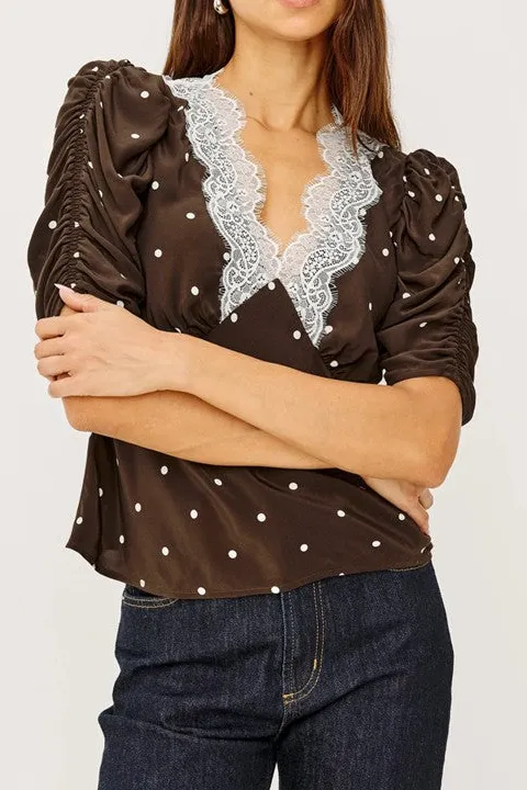 Women's Brown Polka Dot Lace Trim Top