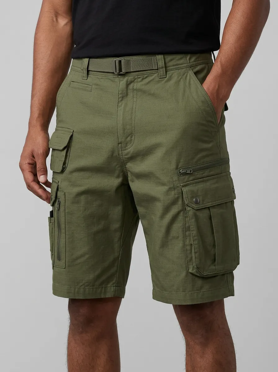 Men's Multi-Pocket Grid-Texture Zip-Fly Cargo Shorts