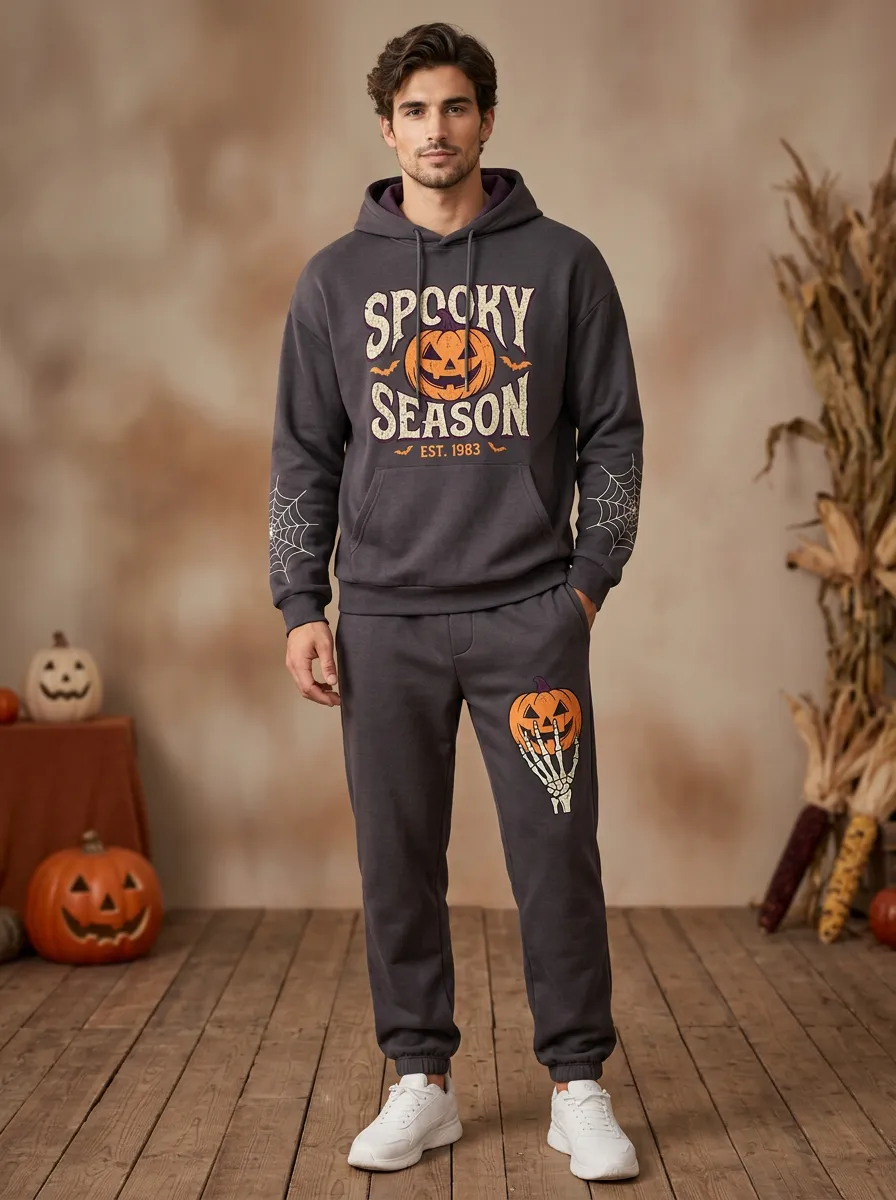 Men's Halloween Charcoal Spooky Season Pumpkin Skeleton Contrast-Hood Hoodie Jogger Set
