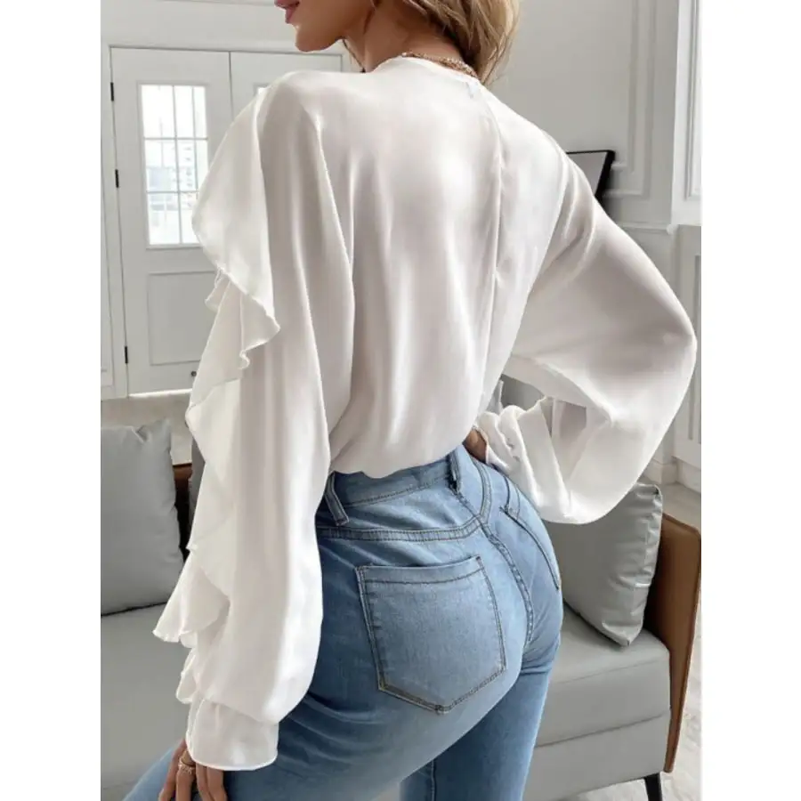 Full Size Ruffled V Neck Button Down Flounce Sleeve Blouse