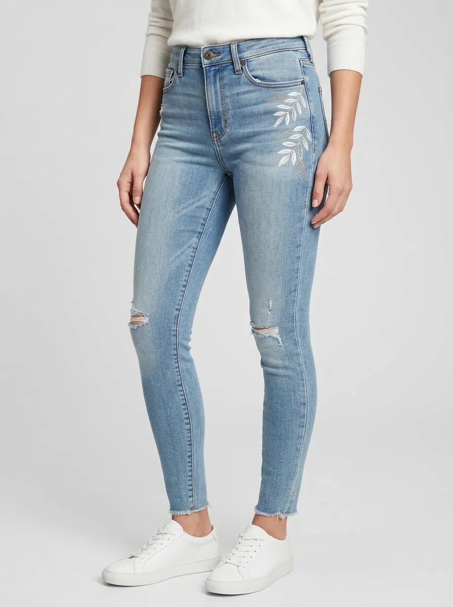 Women's Botanical Leaf Embroidered Distressed Printed Slim Jeans