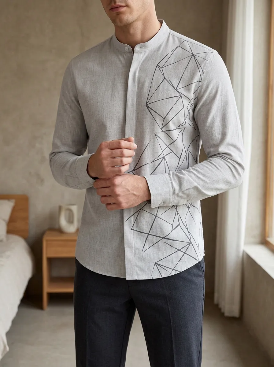 Men's Smart-Casual Abstract Geometric Long Sleeve Mandarin Collar Slim Fit Shirt