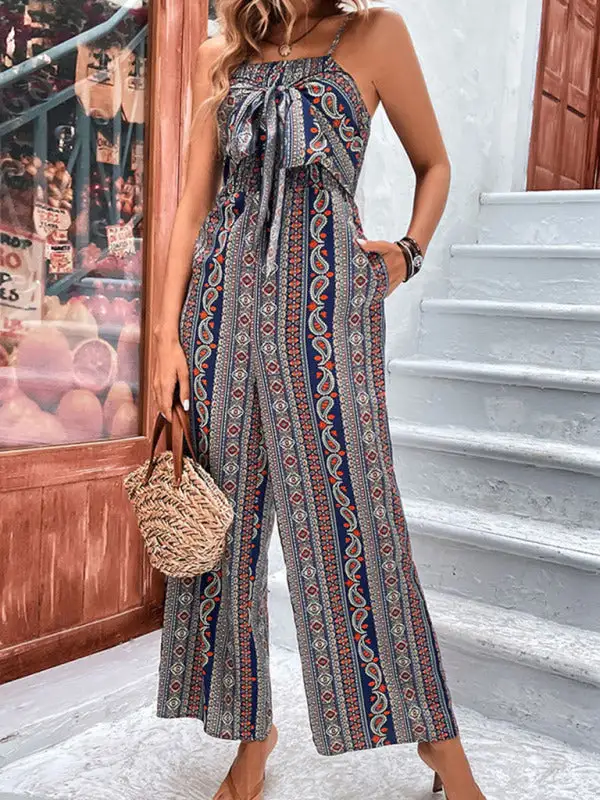 Spaghetti Strap Bohemian Lace Up Jumpsuit Accessory