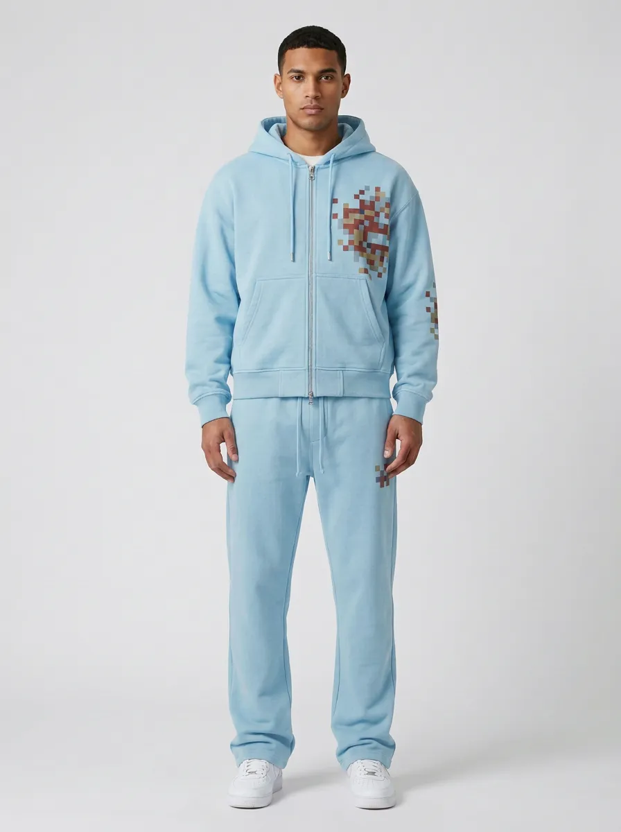 Men's Pixel Art Graphic Printed Zip-up Hoodie Sweatpants Set