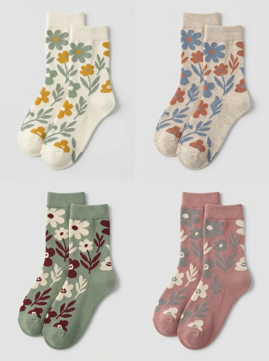 Women's Soft Floral Motif Crew Sock Set