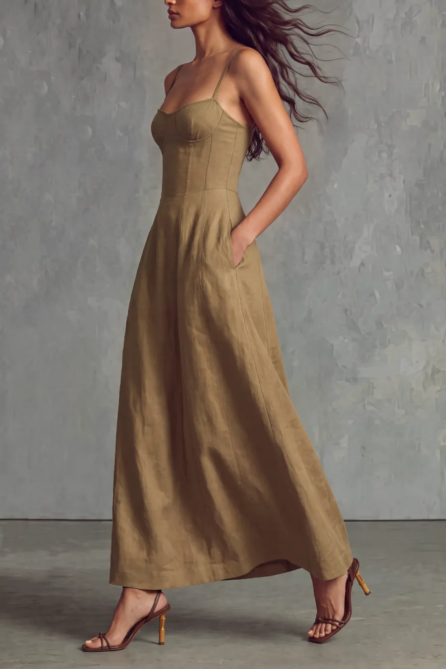 Square Neck Spaghetti Strap Midi Dress