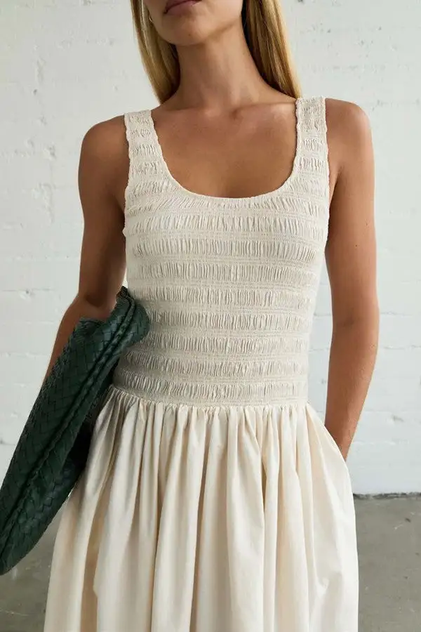 White Smocked Waist Flare Midi Dress